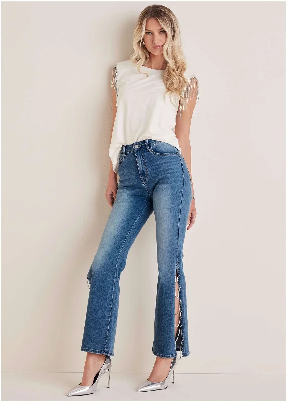 women's retro pantsRhinestone Flare Jeans  - Medium Wash