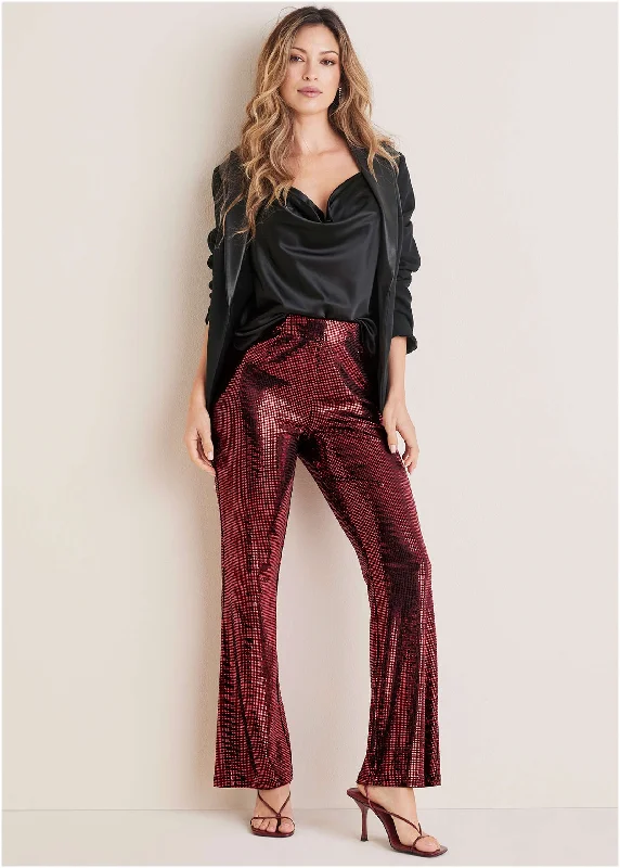 women's party pantsSequin Flare Leg Pants - Red & Black