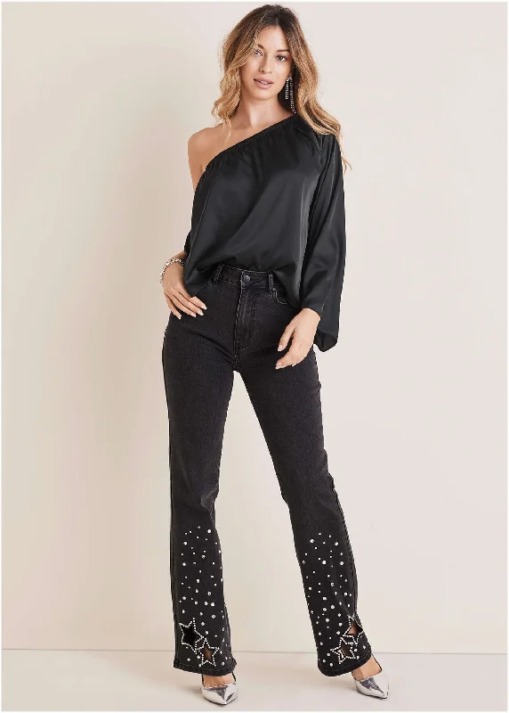 women's capri pantsRhinestone Embellished Jeans - Black Wash