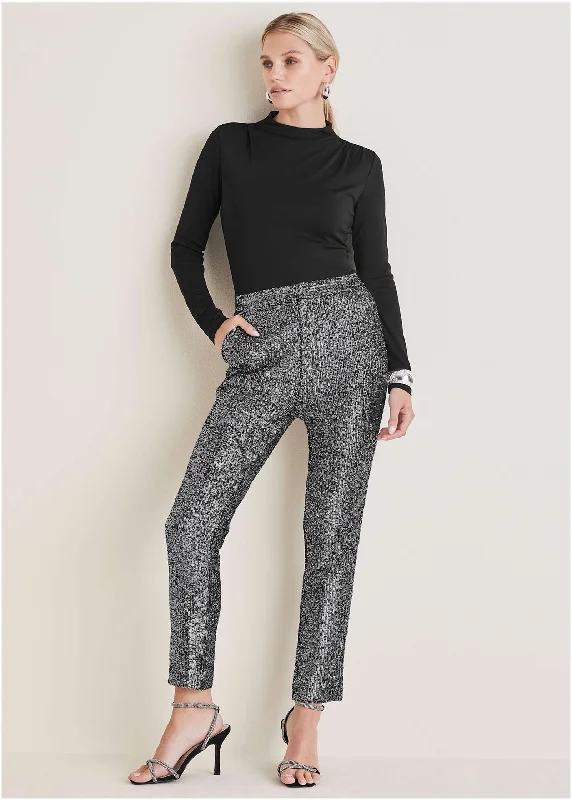 women's mini pantsSequin Straight Leg Pants - Silver