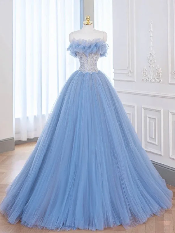 petite prom dressesA-Line Blue Tulle Lace Long Prom Dress, Blue Tulle Lace Formal Dress      S4148