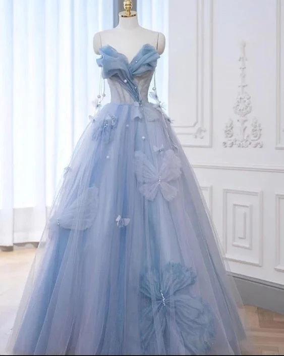 plus-size prom dressesA-Line Blue Tulle Long Prom Dress, Blue Tulle Formal Dress      S4149