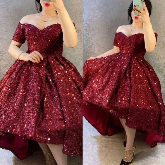 prom dress try-on ideasA line Burgundy High Low Off The Shoulder Sequin Prom Dress    S3668