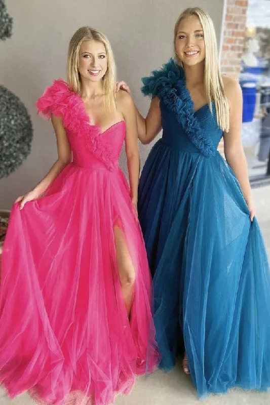 glamorous prom dressesA Line Pink One Shoulder Tulle Prom Gown with Slit, New Arrival Women Dress       S5082