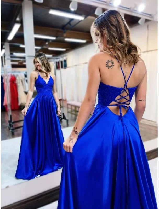 prom dresses for tall girlsA-Line Prom Dresses Empire Dress Formal Court Train Sleeveless V Neck Satin Backless with Beading Appliques   S4983