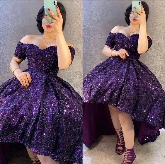 prom dress cleaningA line Purple High Low Off The Shoulder Sequin Prom Dress    S3670