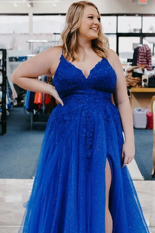 empire waist prom dressesA Line Spaghetti Straps Royal Blue Plus Size Prom Dress with Appliques    S3721