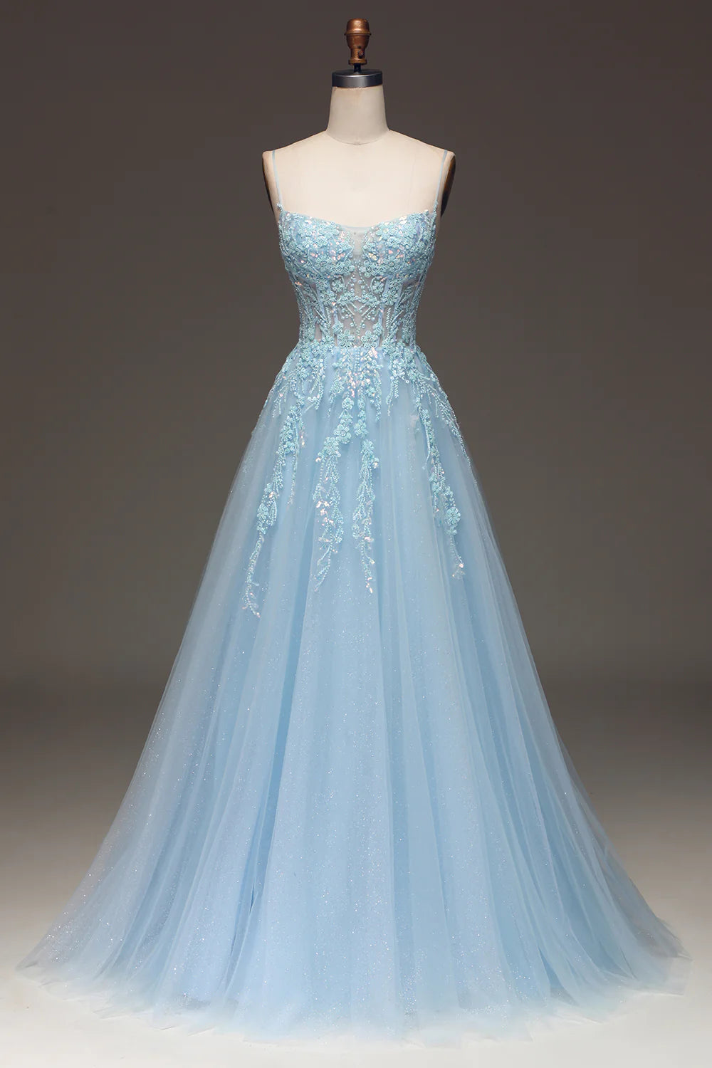 prom dresses with beaded accentsAmzcw A Line Light Blue Sequin Spaghetti Straps Prom Dress With Appliques