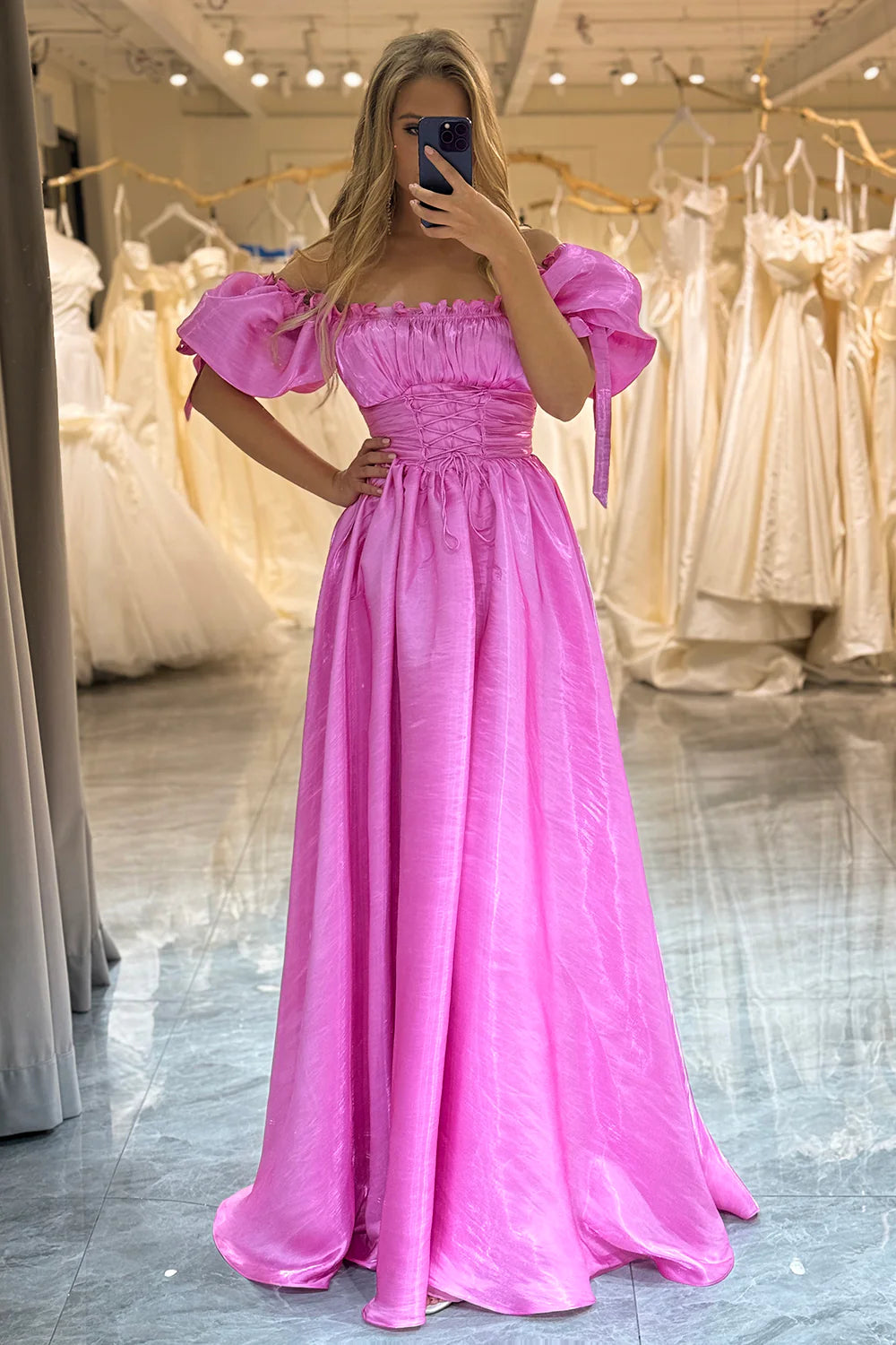 lace-up prom dressesAmzcw A-Line Off The Shoulder Fuchsia Lace-Up Prom Dress With Puff Sleeves prom dresses with long sleeves