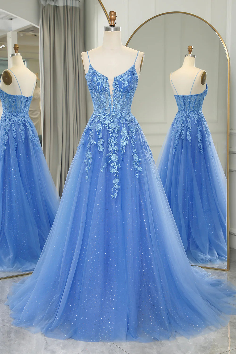 prom dress alterationsAmzcw Blue A-Line Spaghetti Straps Tulle Long Prom Dress With Appliques prom clothing