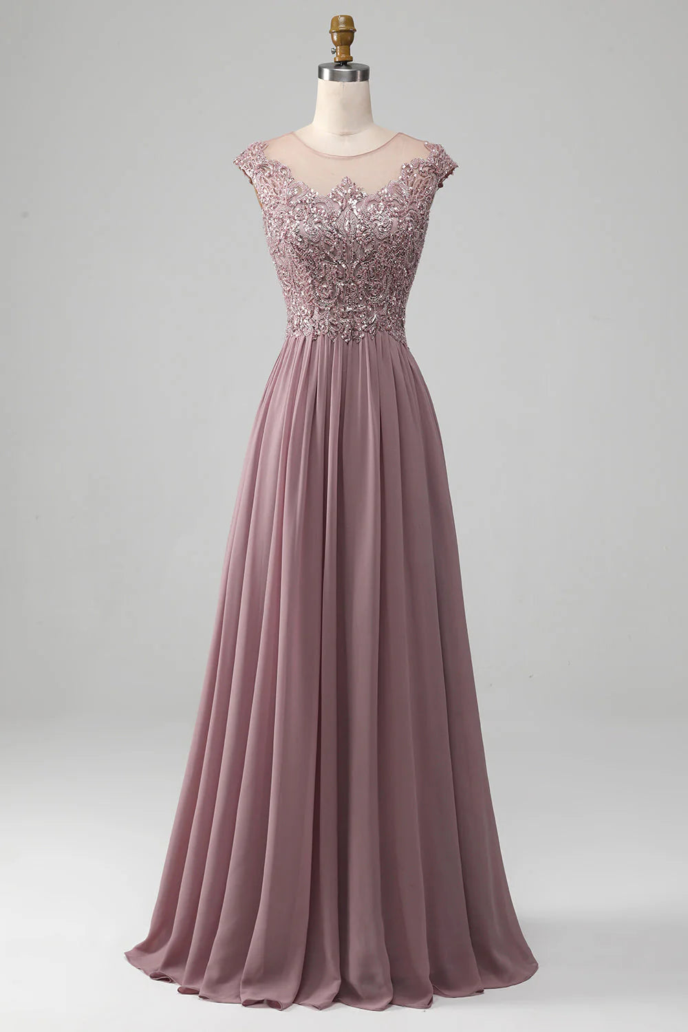 elegant prom dressesAmzcw Blush A-Line Round Neck Pleated Sparkly Sequin Prom Dress With Beading prom clothing