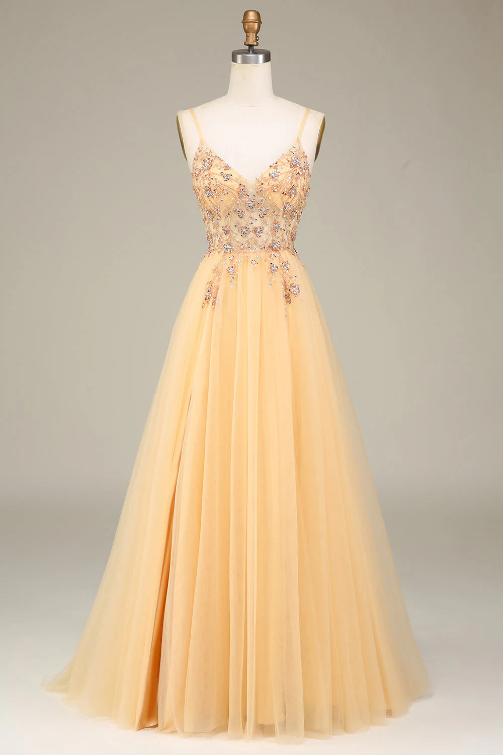 prom dresses with built-in petticoatsAmzcw Charming Golden A Line Spaghetti Straps Long Prom Dress with Beading prom dresses with long sleeves