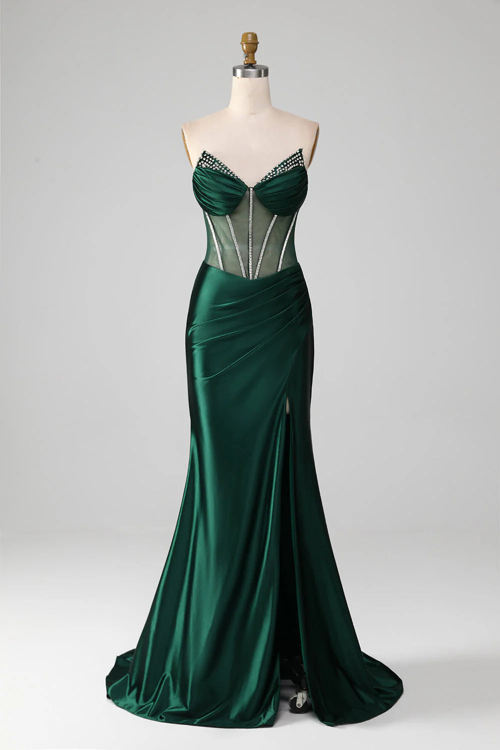 spaghetti strap prom dressesAmzcw Dark Green Mermaid Strapless Corset Pleated Long Prom Dress With Slit prom clothing