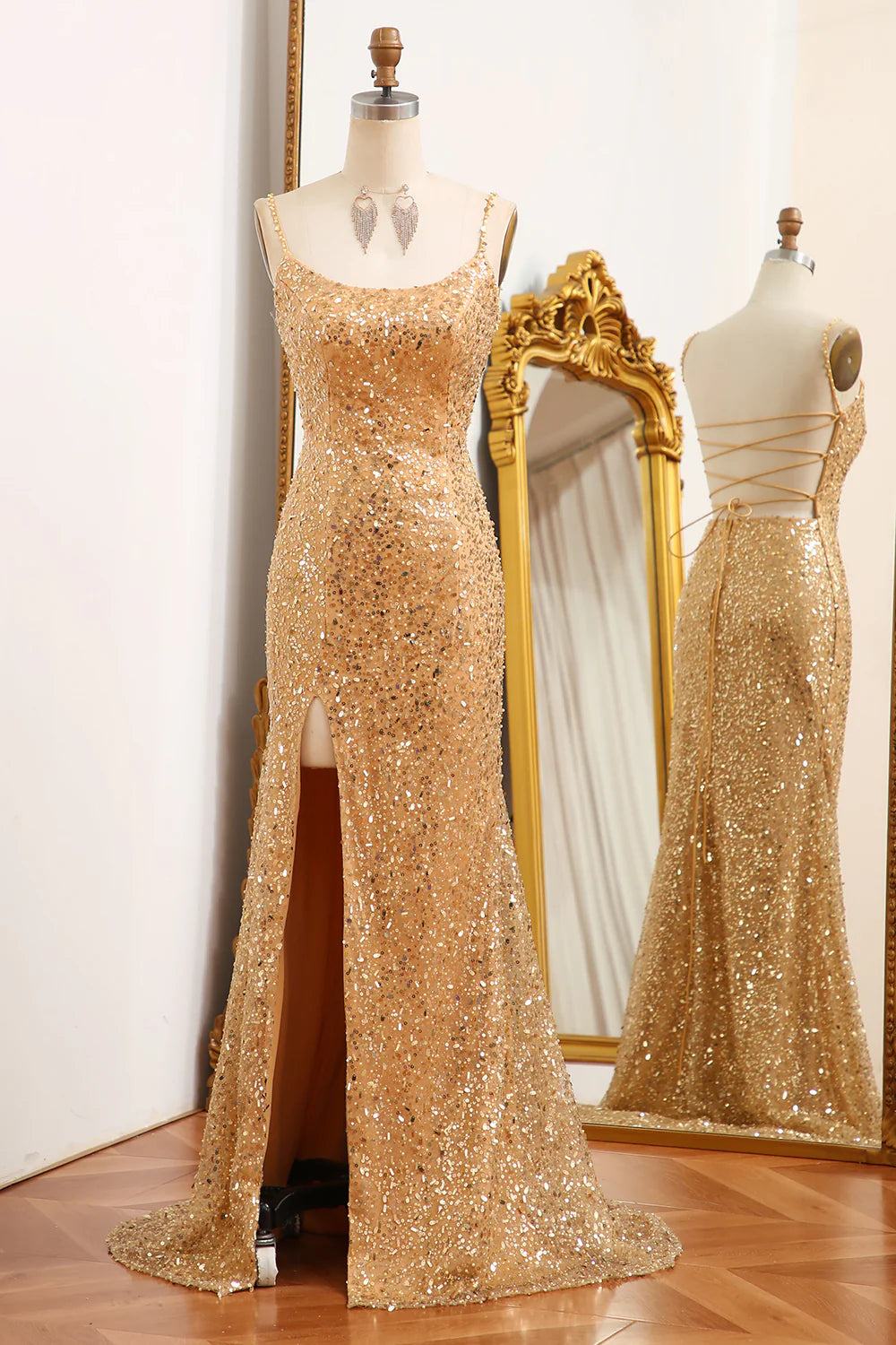 prom dresses for fallAmzcw Golden Mermaid Spaghetti Straps Sparkly Sequin Prom Dress With Slit prom clothing