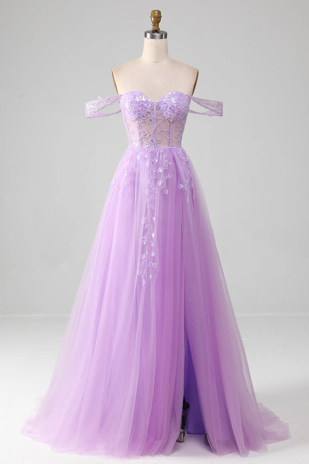 tulle prom dressesAmzcw Lavender A Line Off the Shoulder Sequin Tulle Prom Dress with Slit prom clothing