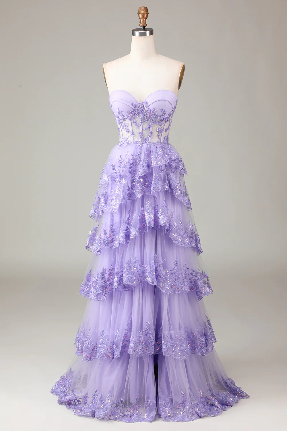 pastel prom dressesAmzcw Lavender Strapless Tiered Tulle Corset Prom Dress with Appliques