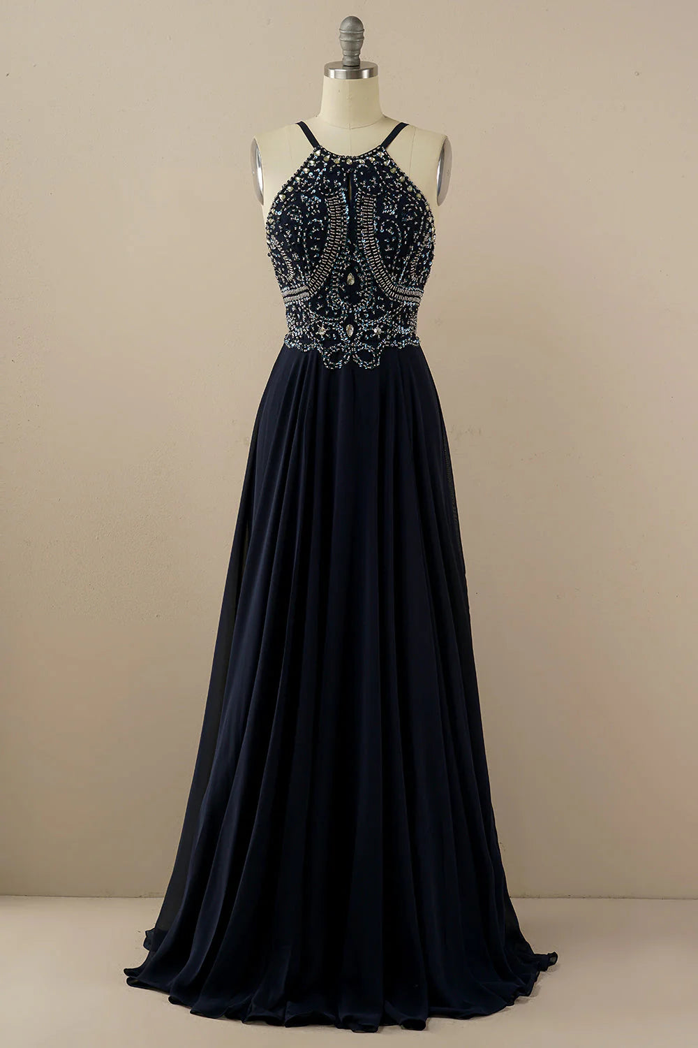 two-piece prom dressesAmzcw Navy A Line Halter Beaded Backless Long Prom Dress prom dresses with long sleeves