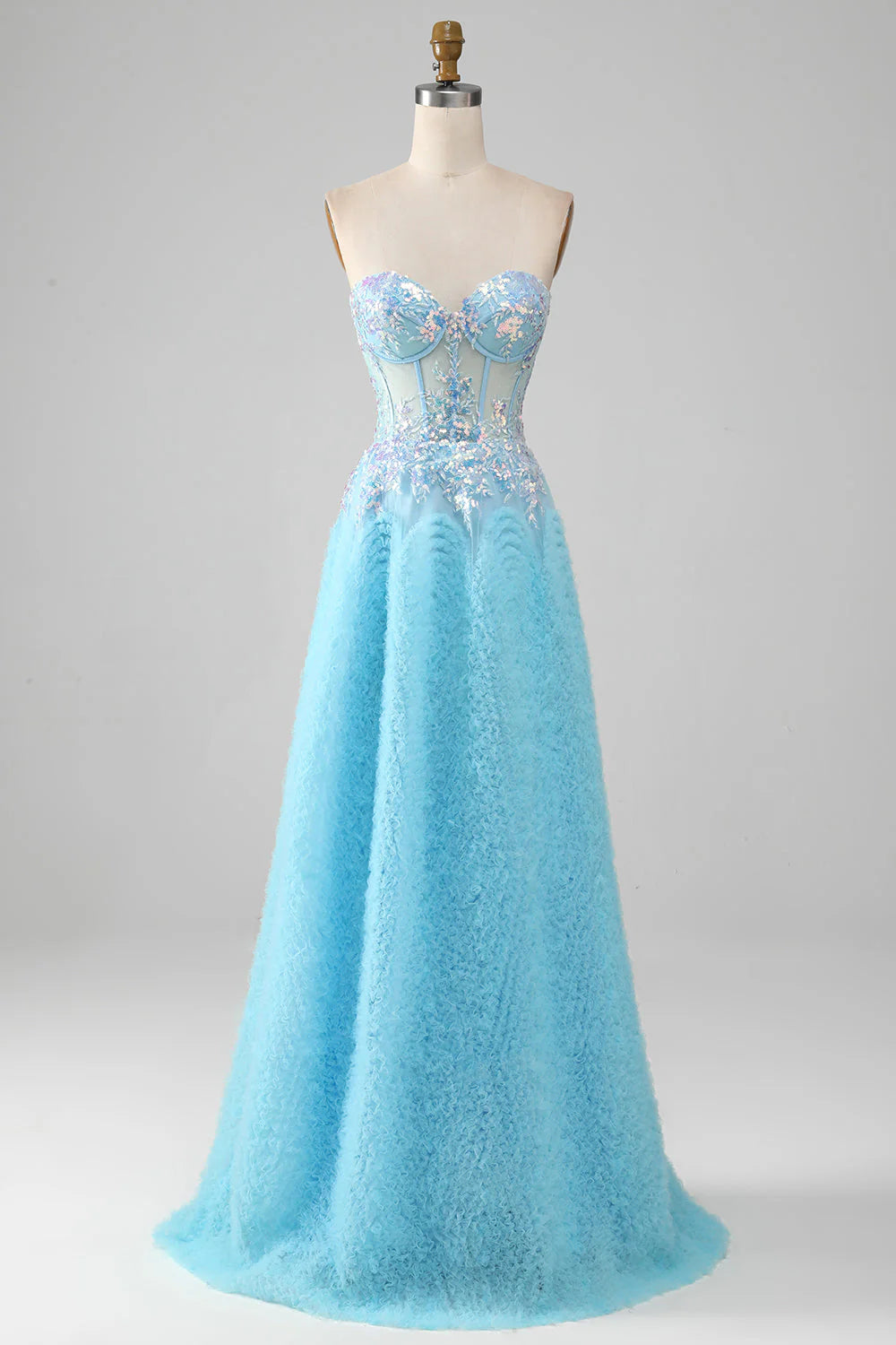 flowy prom dressesAmzcw Sky Blue A-Line Sweetheart Sparkly Sequin Corset Prom Dress with Appliques prom clothing