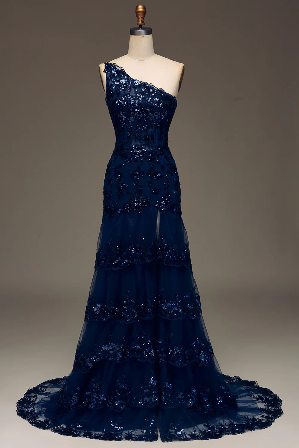 prom dresses for tall girlsAmzcw Sparkly Dark Navy Tiered Lace One Shoulder Long Prom Dress with Slit