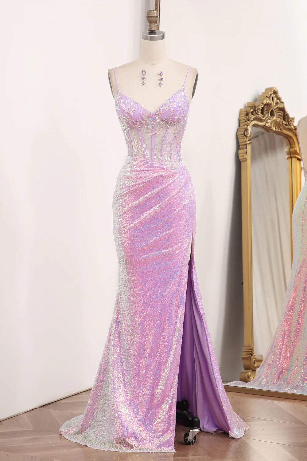 fitted prom dressesAmzcw Sparkly Light Purple Mermaid Backless Long Corset Prom Dress With Slit prom dresses with long sleeves