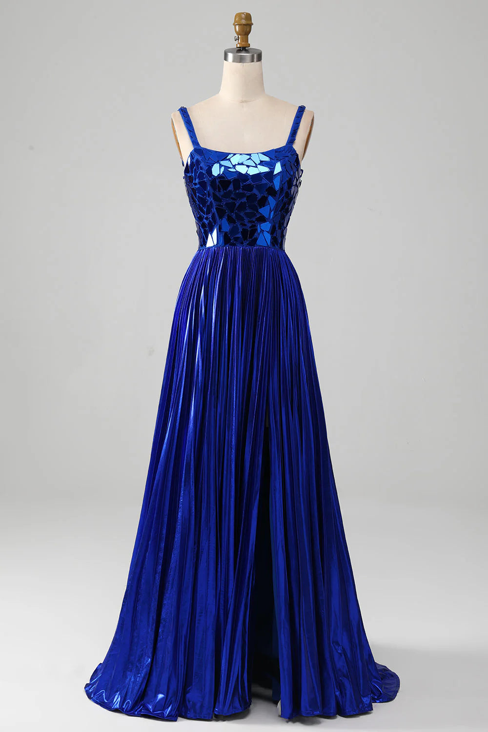 prom dresses with sheer overlaysAmzcw Sparkly Royal Blue A-Line Lace-Up Back Pleated Prom Dress with Slit prom clothing