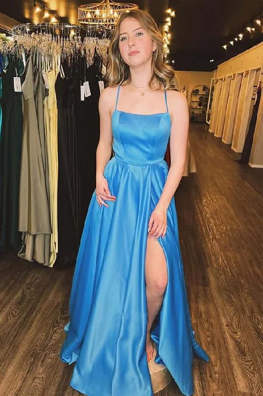 halter neck prom dressesBlue A-Line Spaghetti Straps Prom Dresses With Slits And Open Back        S3729