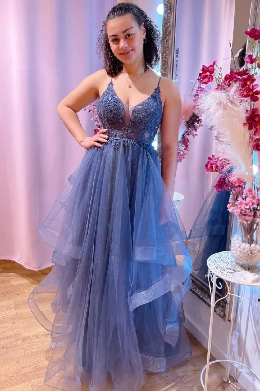 sequined prom dressesBlue Deep V Neck Beaded Appliques Multi-Layers Long Prom Dress    S4812