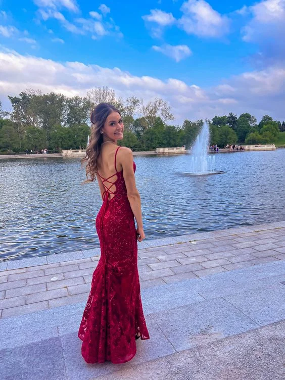 luxury prom dressesBurgundy Mermaid Lace Sequins Prom Dress     S5059