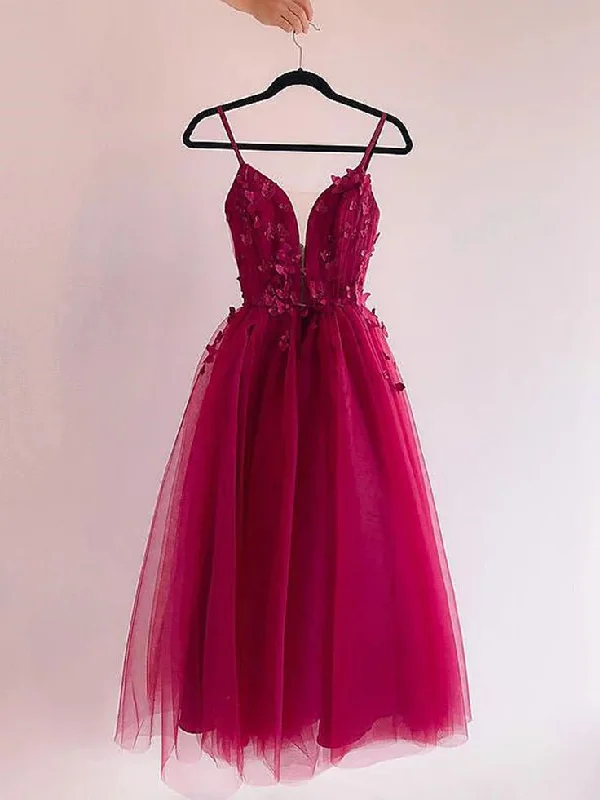 short prom dressesBurgundy Prom Dresses With Lace Appliques, Burgundy Lace Homecoming Dresses       S5075