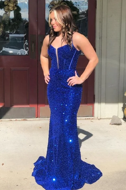 plus-size prom dressesBlue Sequin Split Neck Mermaid Long Prom Dress      S3719