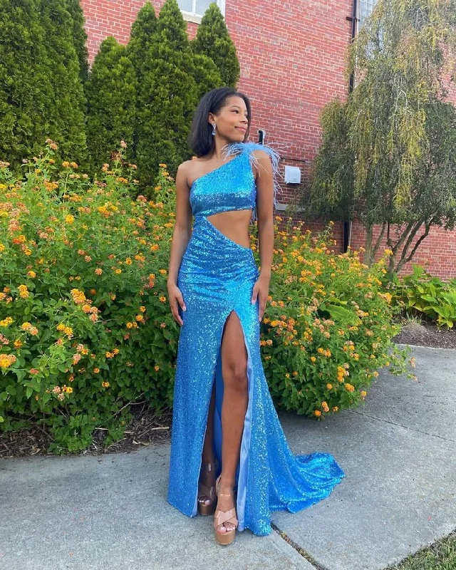 tulle prom dressesCute Mermaid One Shoulder Royal Blue Sequins Prom Dresses with Slit          S3652