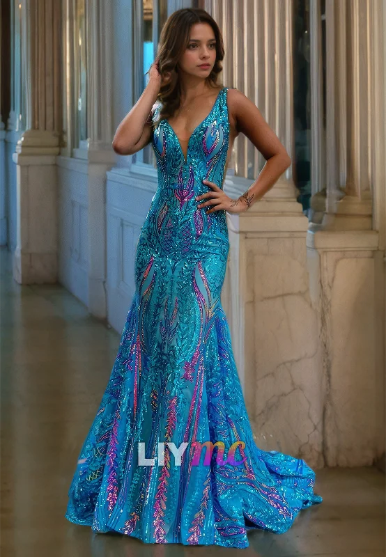 prom dresses for summerV-Neck Sleeveless Appliques Mermaid Prom Dress