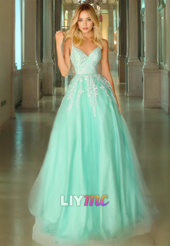 prom dresses for summerV-Neck Sleeveless Appliques Tulle A-Line Ball Gown Prom Dress