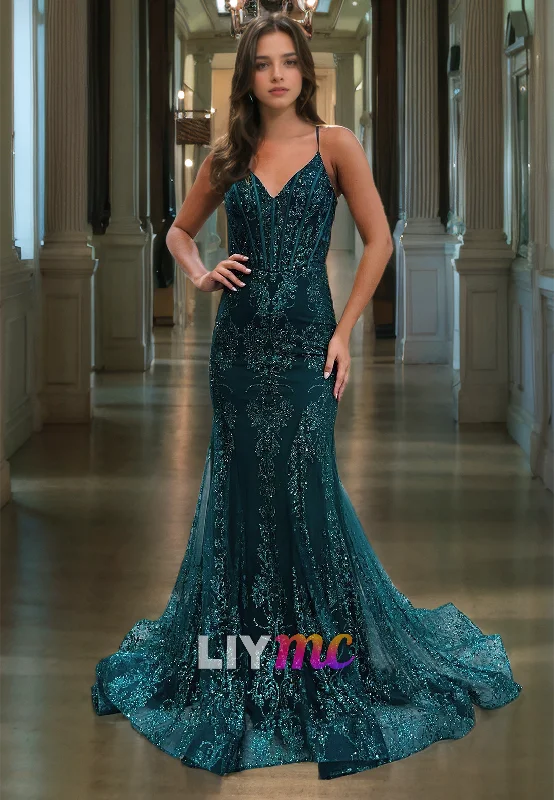 bespoke prom dressesV-Neck Straps Appliques Mermaid Prom Dress