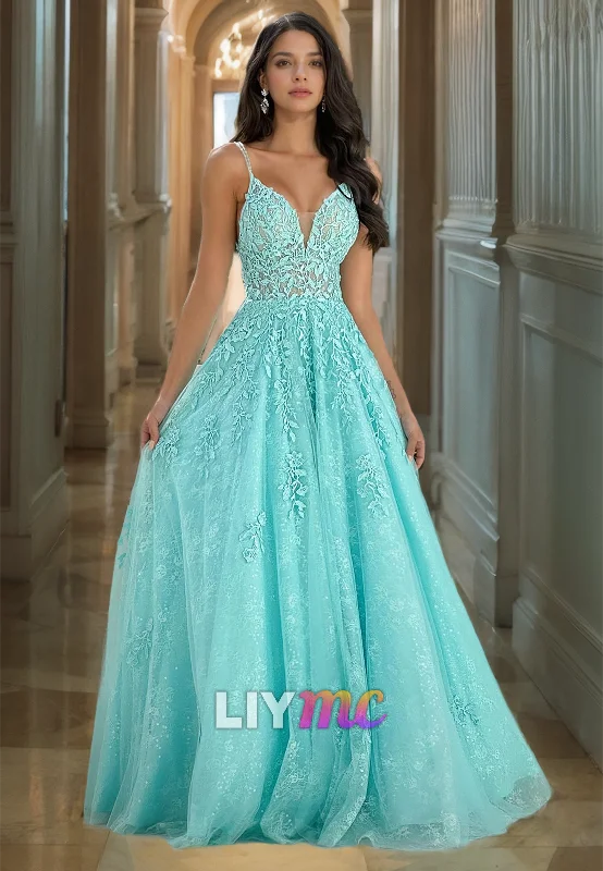 off-shoulder prom dressesV-Neck Straps Appliques Tulle A-Line Prom Dress