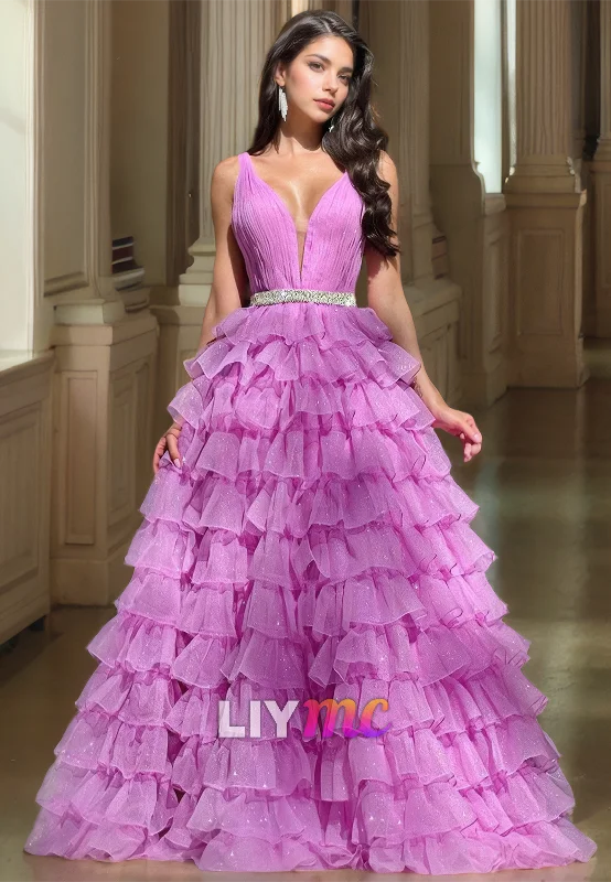 prom dresses for springV-Neck Straps Sleeveless Tiered Tulle Ball Gown Prom Dress