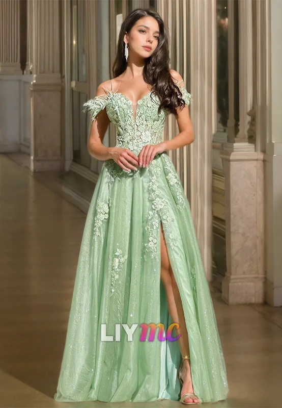 prom dresses with floral embroideryOff-Shoulder Spaghetti Straps Appliques Tull Pleated A-Line Prom Dress