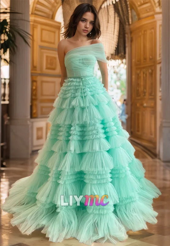 high-low prom dressesOne Shoulder Strapless Tiered Ball Gown Prom Dress