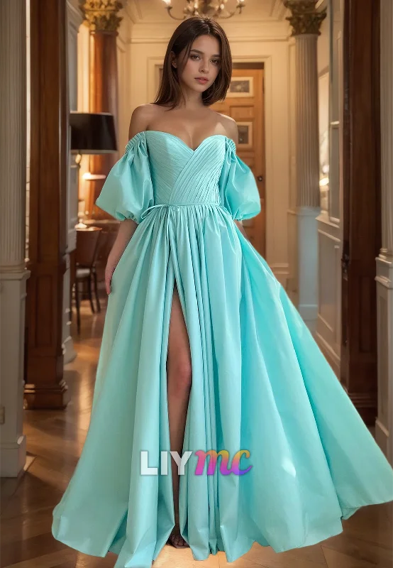 prom dresses with detachable sleevesV-Neck Puff Sleeves Pleated Satin A-Line Prom Dress