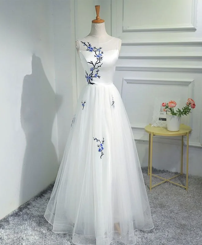 elegant prom dressesElegant White Prom Dresses, Tulle Long Formal Dress     S3741