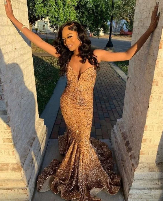 prom dress try-on ideasGold Mermaid Prom Dresses,Strapless Sequin Long Dress       S3749