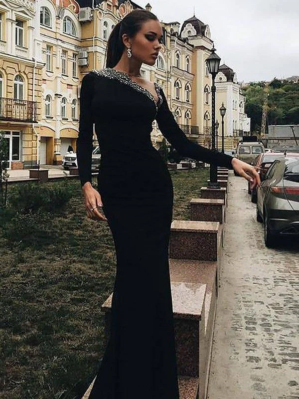 prom dress style guidesGorgeous Mermaid Long Sleeves One-Shoulder Spandex Beading Prom Dresses        S3747