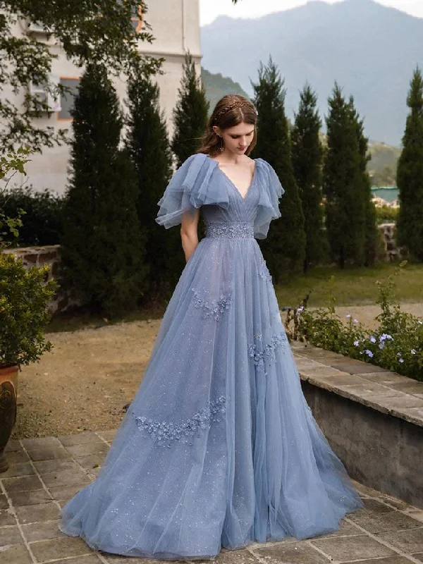 glamorous prom dressesGray Blue V Neck Tulle Sequin Long Prom Dress, Blue Formal Graduation Dresses    S4955