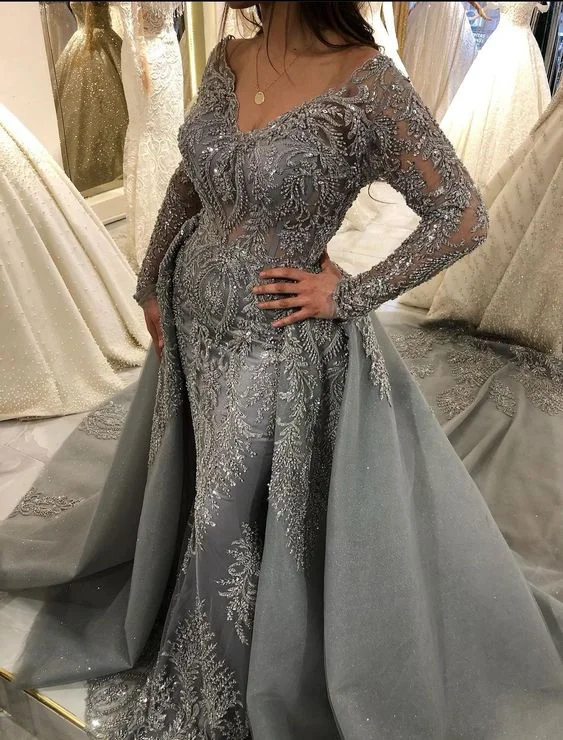 prom dresses for plus-size figuresGray Sexy A Line Prom Dresses, Long Prom Dresses, Removable Prom Dresses       S3682