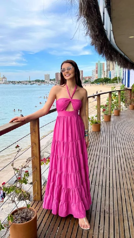 prom dress color trendsHalter Neckline Fuchsia A-line Long Prom Dress Beach Dress      S5087