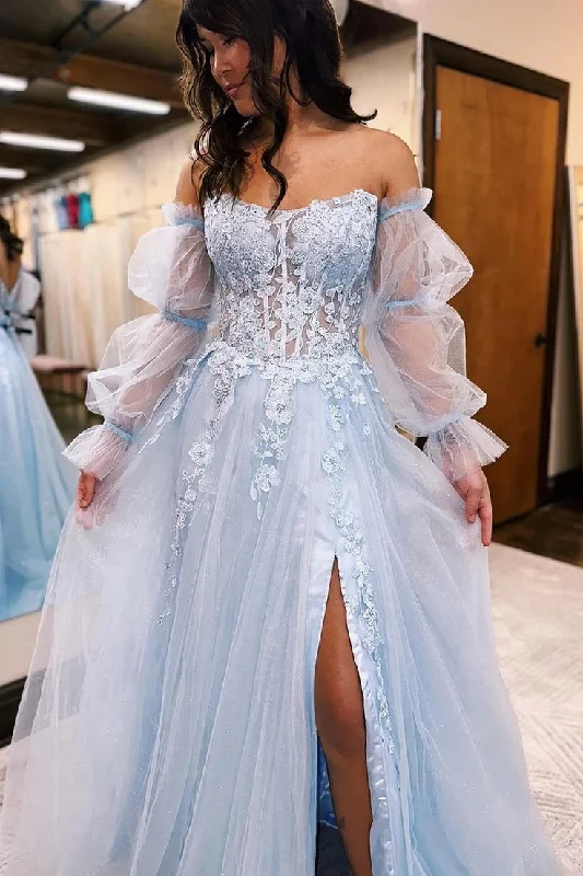 sweetheart neckline prom dressesLight Blue A-Line Puff Sleeves Corset Long Prom Dress with Lace       S3730