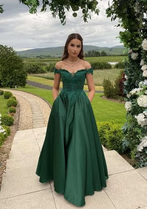 prom dress alterationsOff Shoulder A Line Emerald Green Long Prom Dress With Lace      S3669