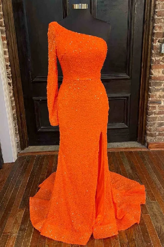 backless prom dressesOrange Long Sleeve Sequined Prom Dress with Slit     S3774