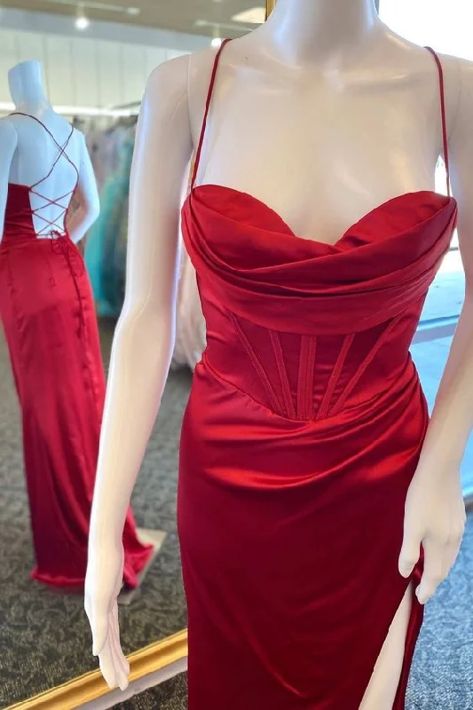 convertible prom dressesRed Cowl Neck Lace-Up Back Long Prom Dress with Slit     S4999