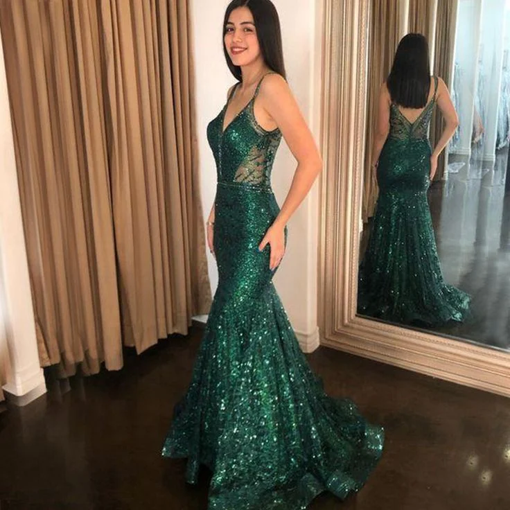 custom prom dressesSexy Emerald Green Sparkly Spaghetti Straps V-neck Open Back Mermaid Long Prom Dress      S3790